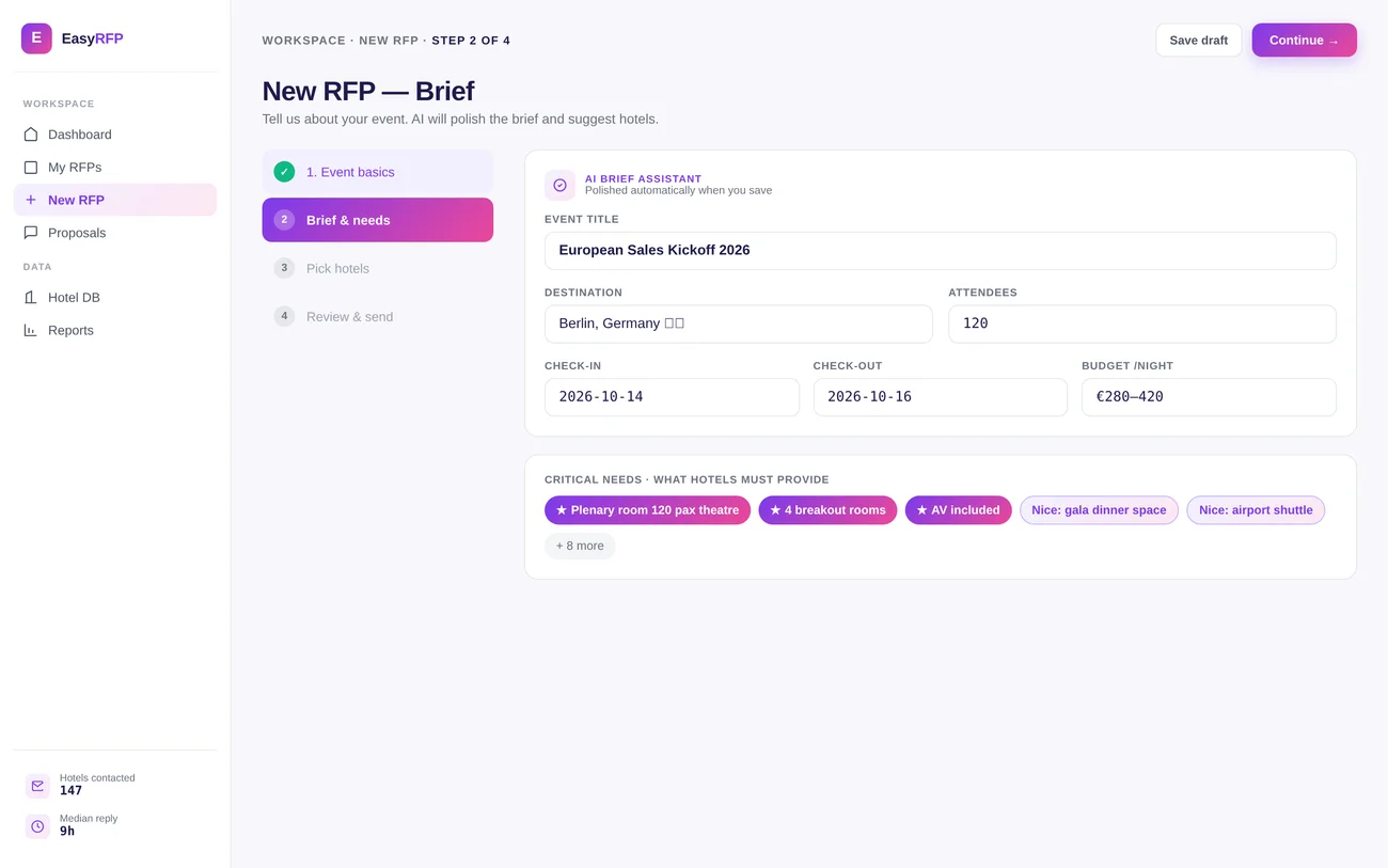 Easy RFP New RFP Wizard. AI-generated hotel proposals in 3 steps